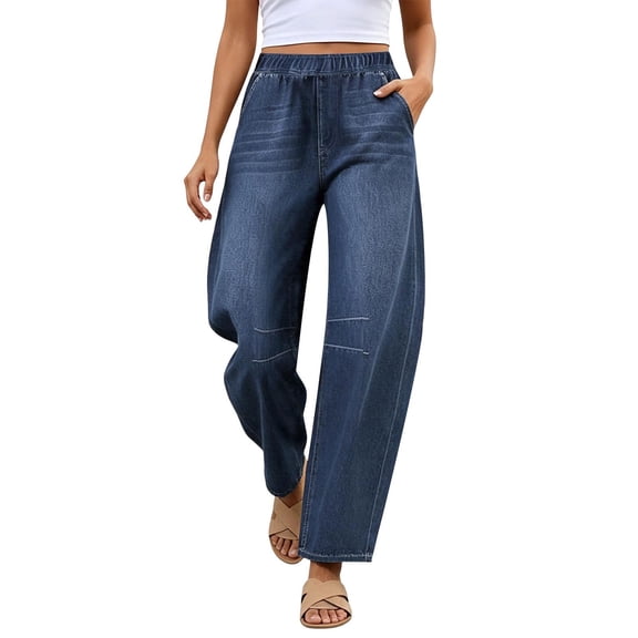 QQZ Barrel Leg Womens Elastic Waist Pull On Denim Pants, Knee Stitched Baggy Wide Leg Full Length Denim Trousers Suitable For Urban Street Style, Daily Errands And Back To School Outfits