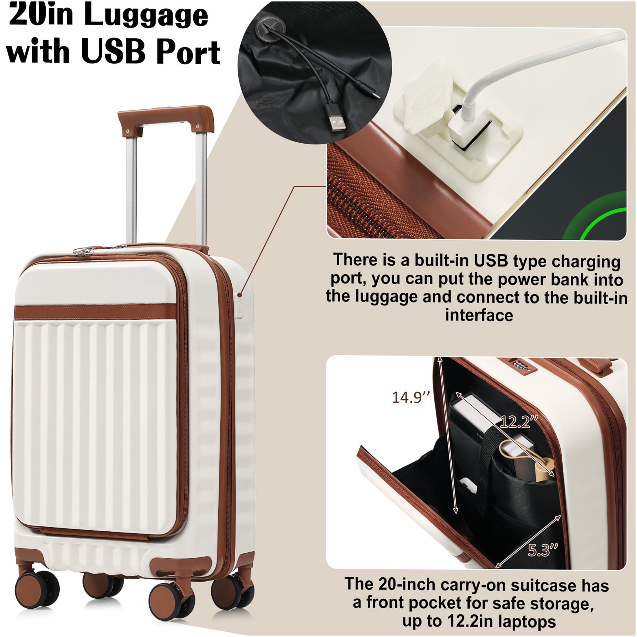 JERFIT 3-Piece Hard Shell Luggage Set with USB Port, Front-Open Carry-On, 360° Spinner Wheels & TSA Lock for Effortless Travel