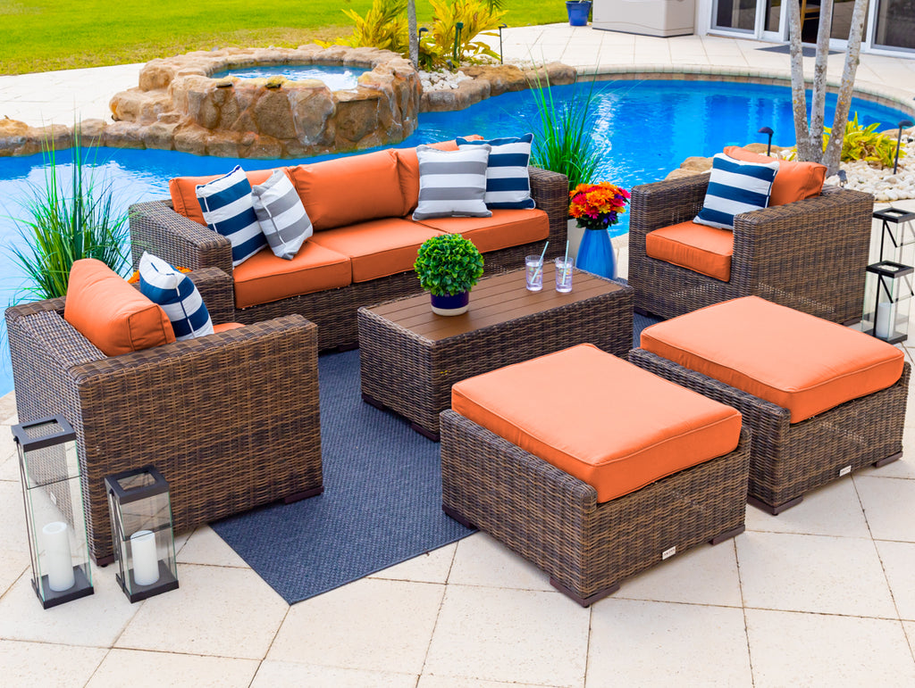 Tuscany 6-Piece L Resin Wicker Outdoor Patio Furniture Lounge Sofa Set with Three-seat Sofa, Two Armchairs, Two Ottomans, and Coffee Table (Half-Round Brown Wicker, Sunbrella Canvas Tuscan) - image 1 of 4