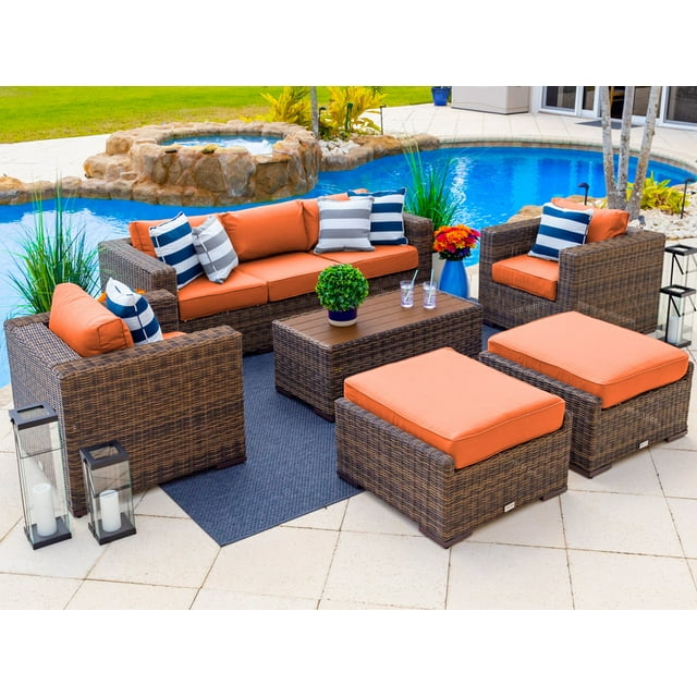 Tuscany 6-Piece L Resin Wicker Outdoor Patio Furniture Lounge Sofa Set with Three-seat Sofa, Two Armchairs, Two Ottomans, and Coffee Table (Half-Round Brown Wicker, Sunbrella Canvas Tuscan)