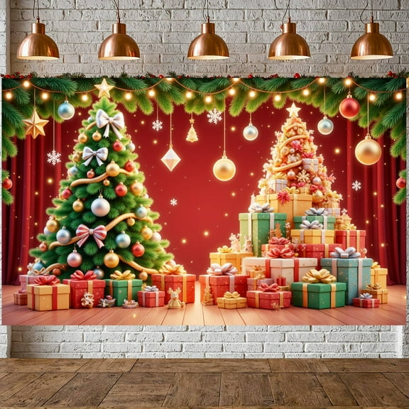 Red Background Christmas Banner Christmas Tree Xmas Display Gift Boxes Golden Bells Holiday Backdrop for Christmas Party Home Celebration Xmas Gathering