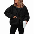 thumbnail image 5 of Womens Fleece Jacket Fuzzy Long Sleeve Short Winter Coats Button Down Jacket Outerwear with Pockets Black L, 5 of 6
