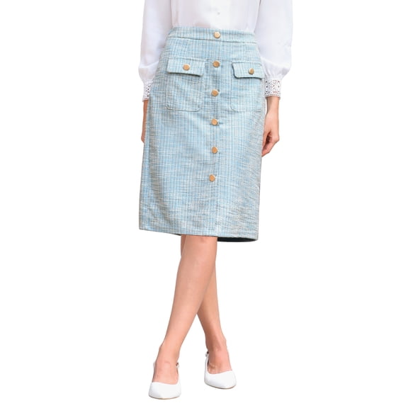 INSPIRE CHIC Women's Tweed Skirt High Waist Elegant Work Office Midi Pencil Skirts with Pocket S Light Blue