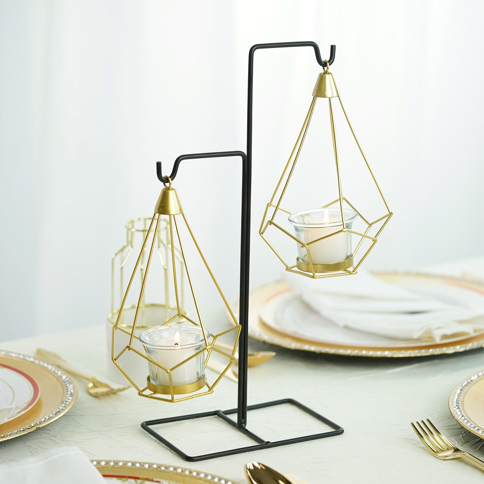 Efavormart Pack of 2 8" Gold Hanging Geometric Tealight Candle
