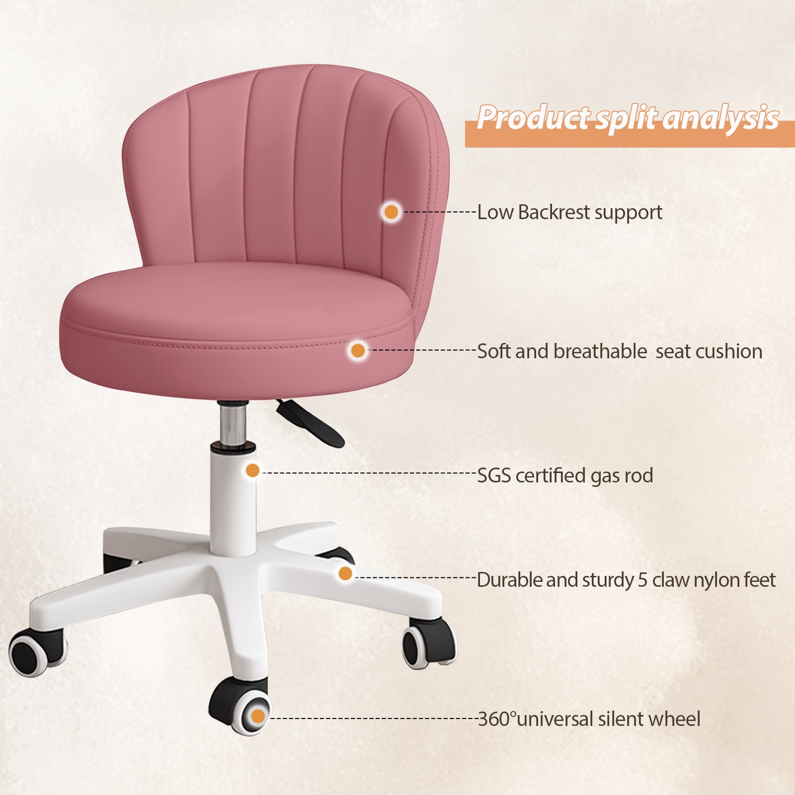 Small Round Rolling Chair with Back PU Leather Height Adjustable，Swivel Vanity Work Computer Stool for Girls and Women，Pink