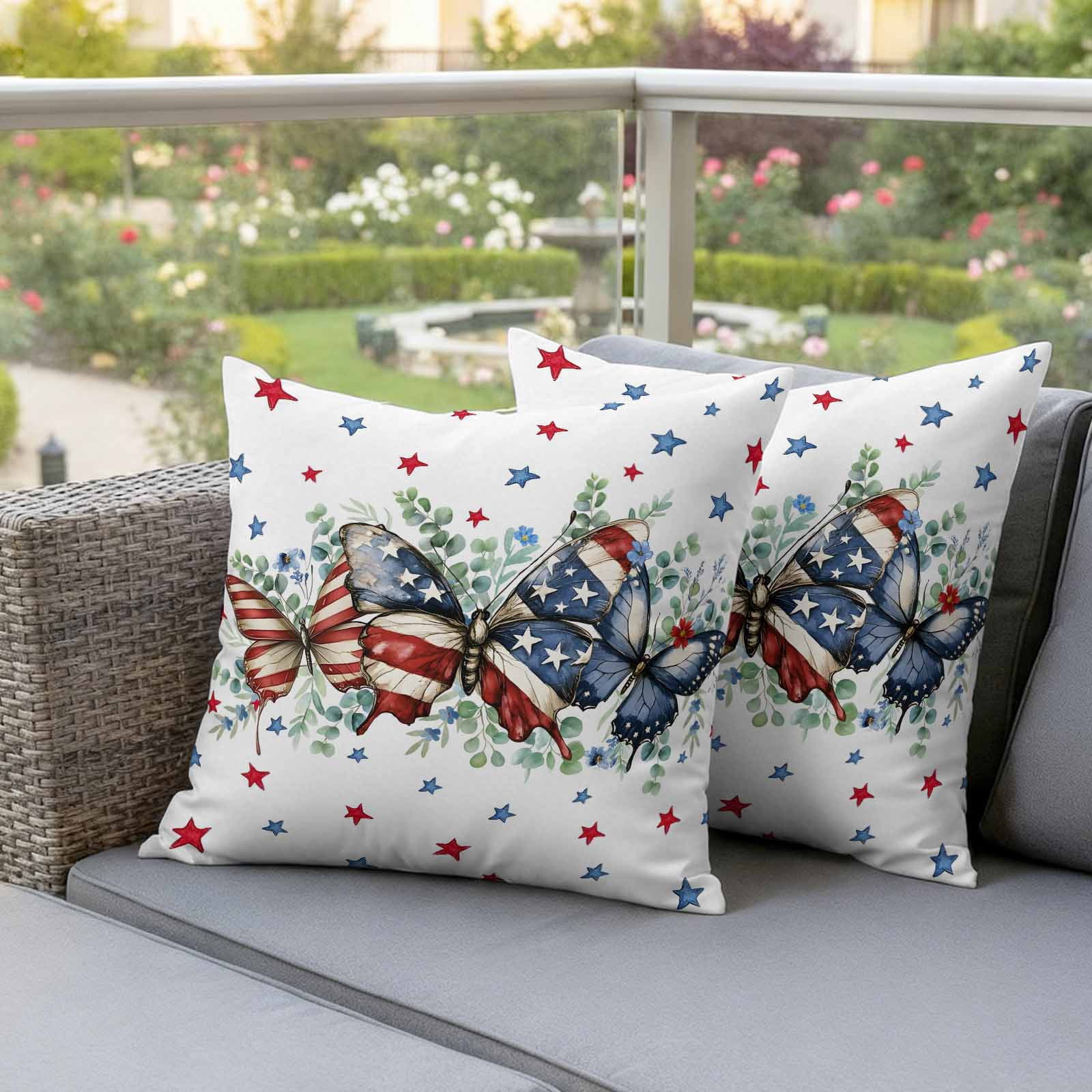 Waterproof Throw Pillow Covers 16x16 Set of 2, Patriotic Butterfly American Flag Theme Outdoor Pillowcases Invisible Zipper, Red White Blue Stars Decorative Cushion Covers for Patio Garden Sofa Couch