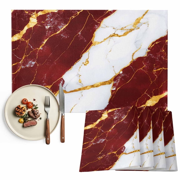 Placemats Set of 6, Red White Marble Place Mats Gold Abstract Art Tablemats Washable Placemat Table Decoration for Kitchen Table Dinner Party Home Decor Indoor Outdoor 13x19 Inch
