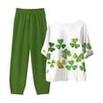 thumbnail image 4 of QUYUON Two Piece Outfits for Women Plus Size Matching Sets for Women Summer Long Pants Sets Floral Printed Short Sleeve Tops and Elastic Waist Loose Pants Two Piece Lounge Sets E-Green L, 4 of 5