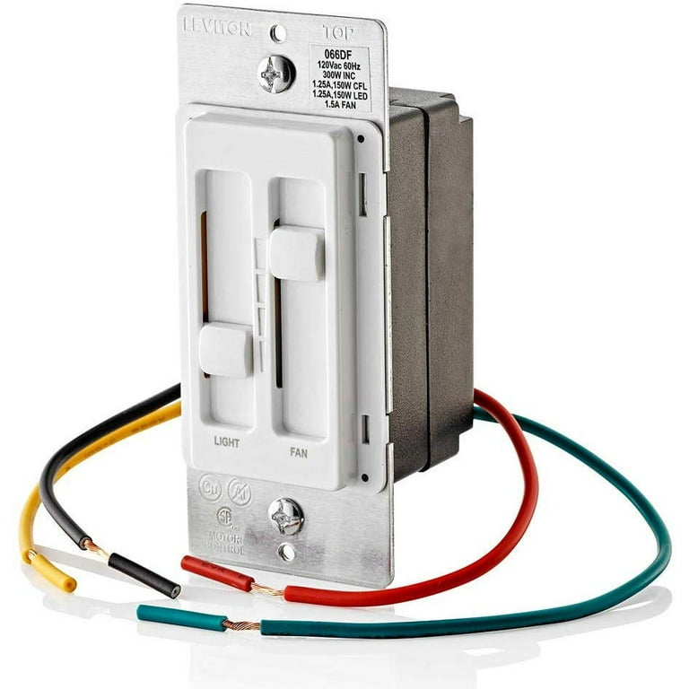 Leviton SureSlide 1.5 Amp Fan 120-Volt Dual Quiet Fan and Light Control for 150-Watt LED, 300-Watt Incandescent/Halogen, White Leviton SureSlide 1.5 Amp Fan 120-Volt Dual Quiet Fan and Light Control for 150-Watt LED, 300-Watt Incandescent/Halogen, White