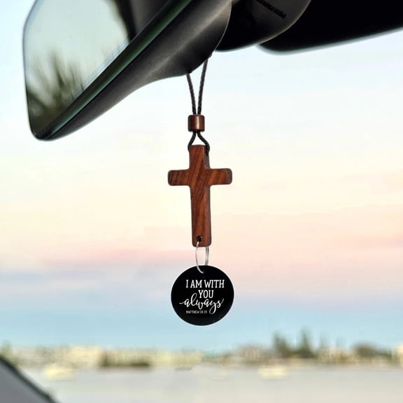 Hotpom Car Rearview Mirror Cross Pendant, Durable Wood Decor Unisex Car Interior Accessories for Men & Women, Easter Holiday Decorations