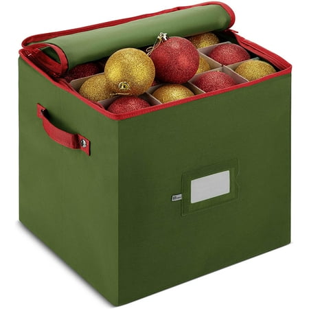 Christmas Ornament Storage Box with Zippered Closure - Protect & Keeps Safe Up to 64 Holiday Ornaments & Xmas Decorations Accessories Durable Nonwoven Ornament Storage Container Two Handles