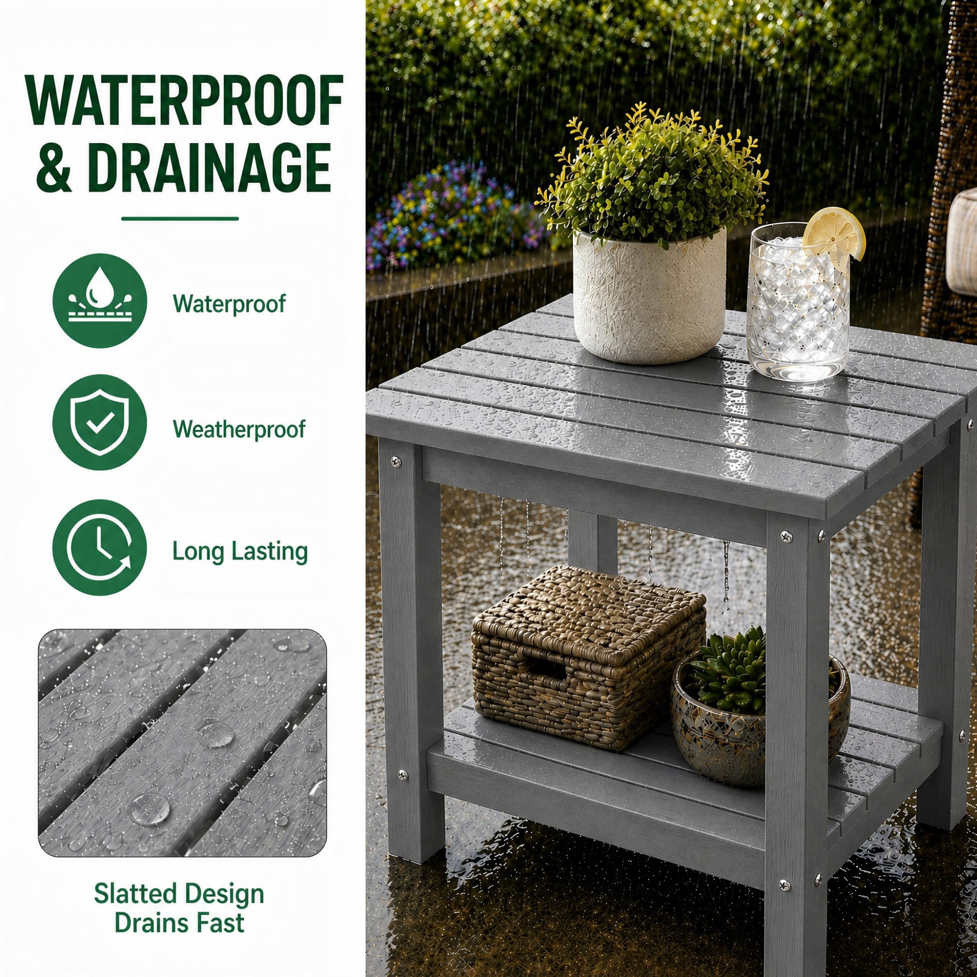 Y&M Outdoor Side Table, HDPE Patio End Table for Adirondack Chair, Weather Resistant Small Accent Table, Gray, Double Layer
