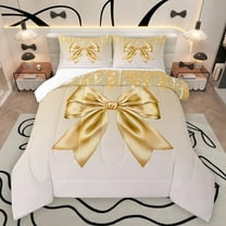 Manfei Chic Gold Bowknot Queen Comforter Set,Cartoon Bow Tie Bedding Sets,Bling Print Bedding Comforter Set For Girl,Ultra Soft Home Decor,3 Pieces