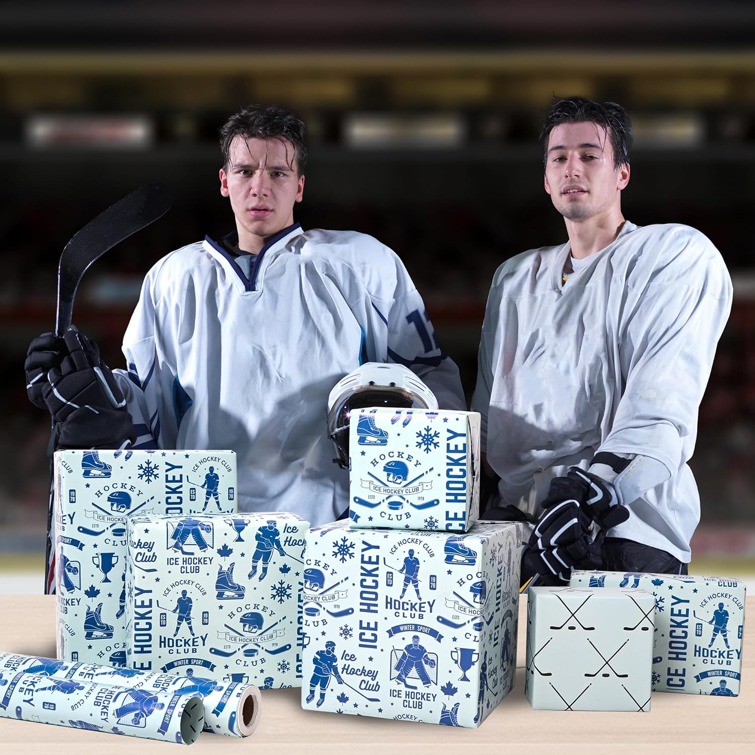 Reversible Ice Hockey Wrapping Paper Roll Blue Hockey Sports Gift Wrap Sheets for Girls Boys Men Women Birthday Holiday Party - Total 28.5sq.ft