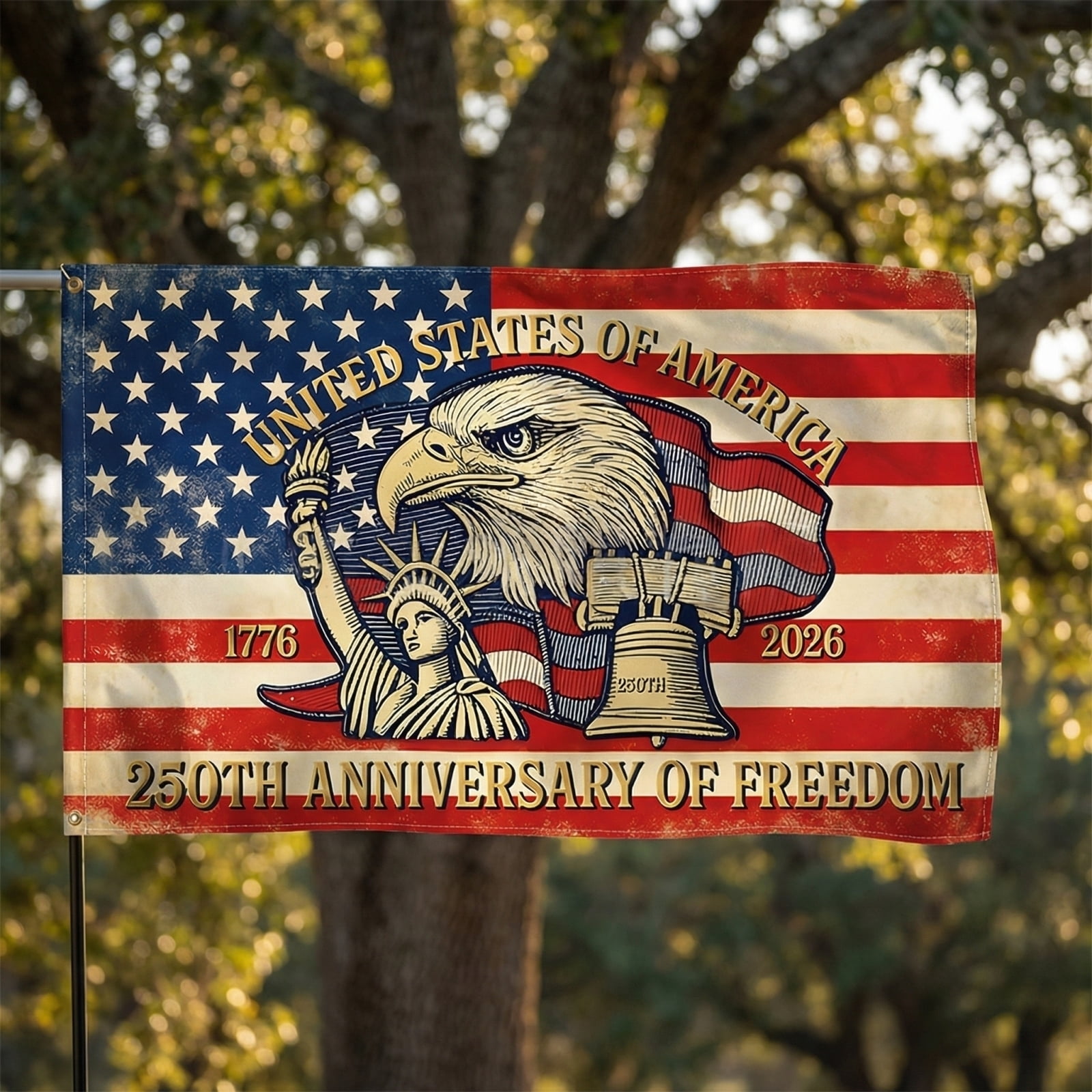 250th Anniversary USA Flag 3x5 Ft, 1776-2026 United States Patriotic Flags Banner with Eagle and Liberty Bell, Durable Outdoor Decoration for Independence Day, Memorial Day, Fourth of July Party
