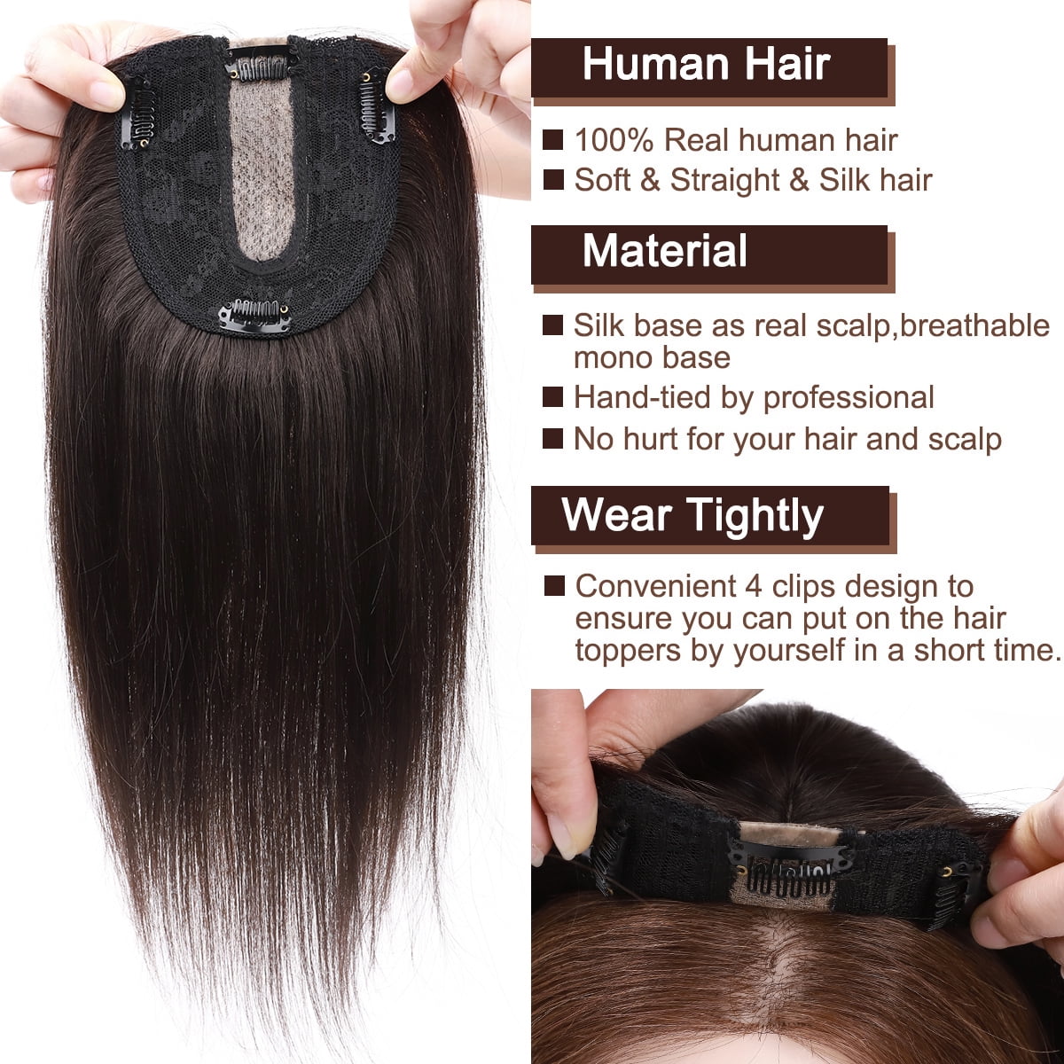 SEGO Clip in Hair Extensions Human Hair Toppers 100% Real Human Hair Topper for Thinning/Loss Hair Natural Black Hair Pieces