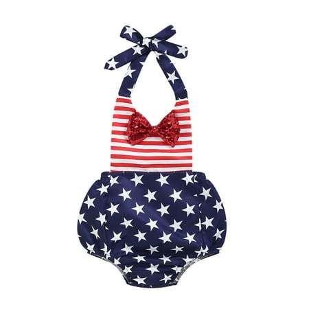 

EYIIYE Independence Day Baby Girl Sequined Striped/Stars Print Halter Sling Romper