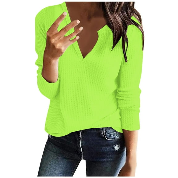 CQONEPT Women's Waffle Shirts V Neck Long Sleeve Tops Lounge Cute Pullover Trendy Outdoor Tunic Tops Green XL