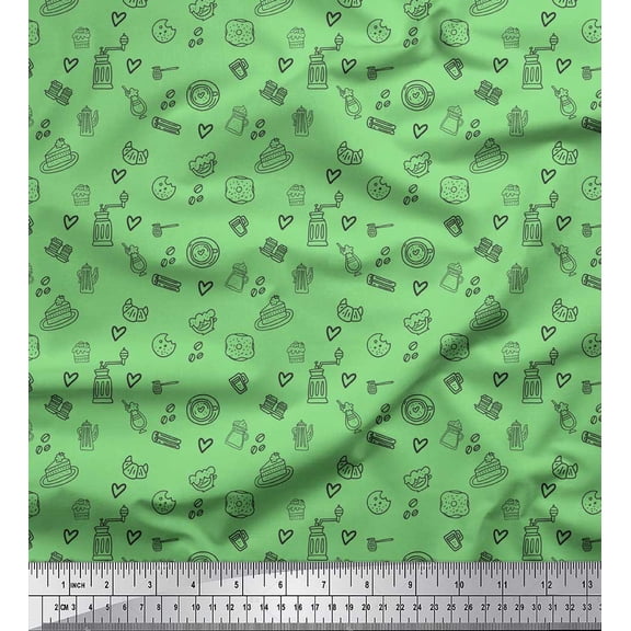 Soimoi Green Cotton Voile Fabric Heart & Coffee Beans Clip Art Print Sewing Fabric Yard 42 Inch Wide