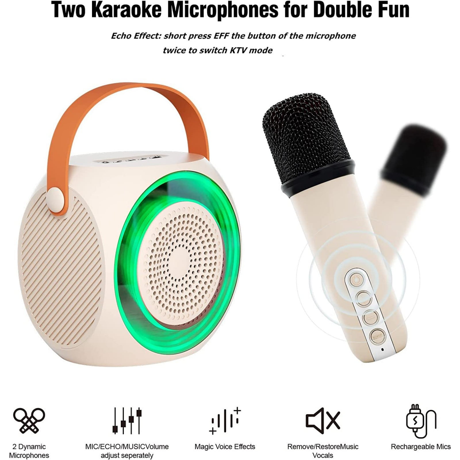 Mini Karaoke Machine, Portable Wireless Speaker with 2 Wireless Microphones, Compatible with Bluetooth-Enabled Devices, for Children and Adults, with LED Lights.-White