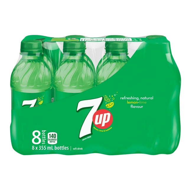 7UP Lemon Lime Soft Drink 8 x355 mL, Bottles