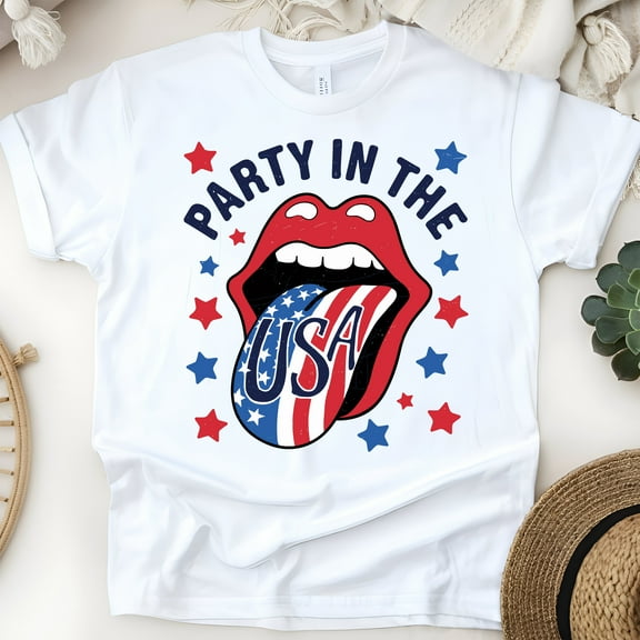 Party in the USA Shirt – Funny Patriotic Lips Graphic Tee, White, Size S