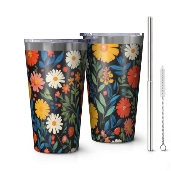 16oz Tumblers Pioneer Flower Floral Print Pattern Stainless Steel Vacuum Insulated Double Wall Travel Tumbler Cups Mug with Lid and Straw,Cleaning Brush for Coffee,Tea