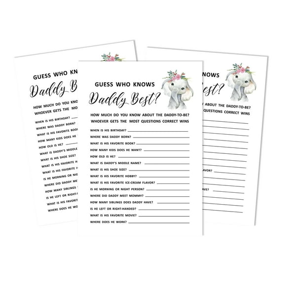 Inkdotpot Baby Elephant Girl Jungle Animals 50 PackWho Knows Daddy BestBaby Shower GameCards FunActivity Cards