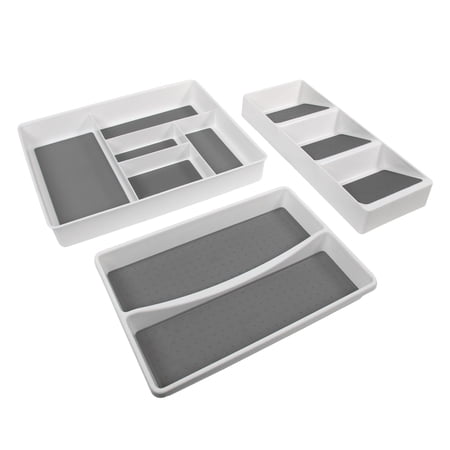 Stout Stuff Plastic Non Skid 3 Piece Divider Drawer Organizer Set, White