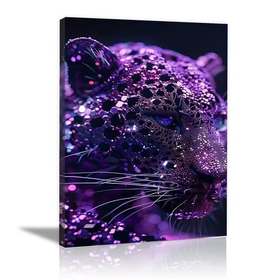 Mudket Purple Crystal Rhinestone Leopard Canvas Wall Art, Luxury Glam Wildlife Trendy Wall Art Print Waterproof Canvas for Living Room Bedroom Apartment Home Decor, Framed Ready to Hang - 12"L x 8"W