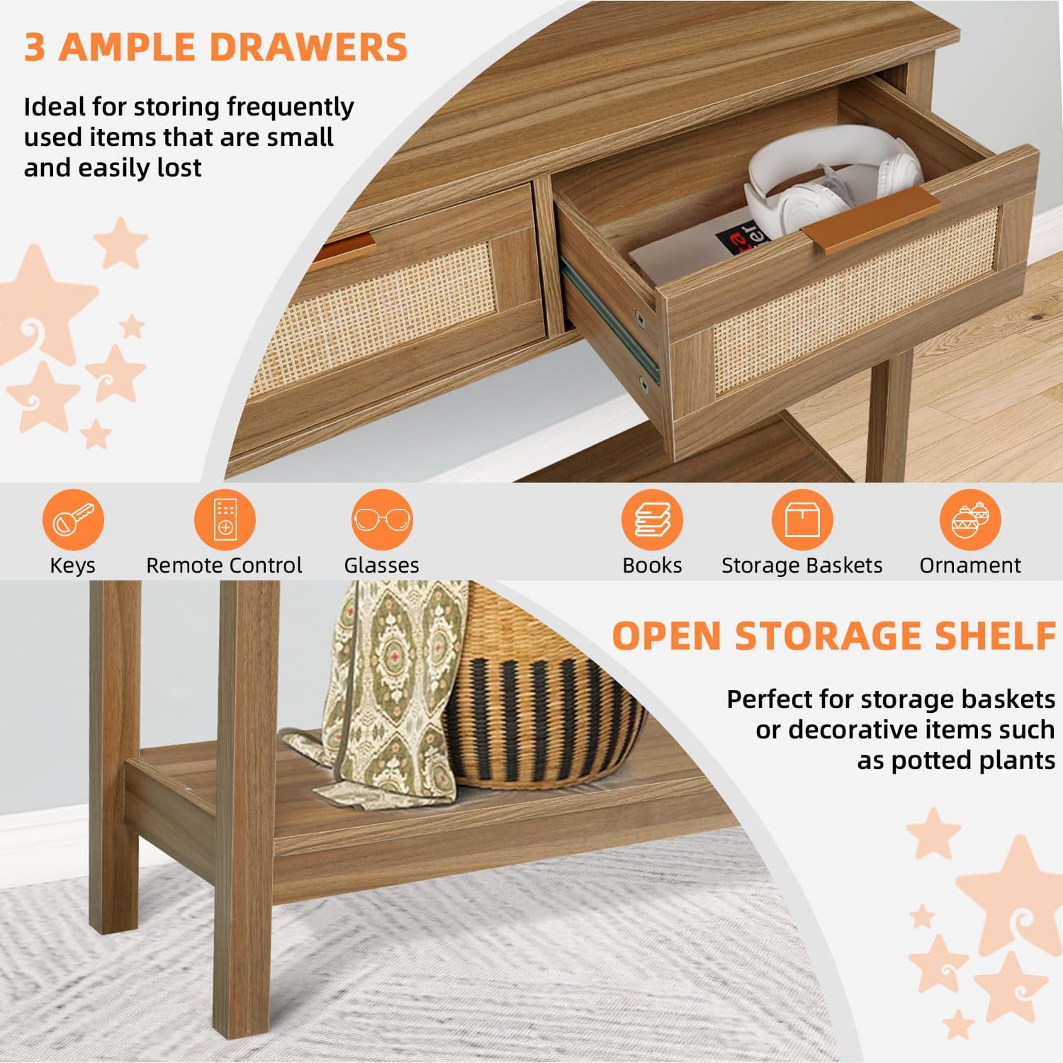 LAZZO 51” Boho Rattan Console Table, Narrow Entryway Table with 3 Drawers & Open Shelf, Brown