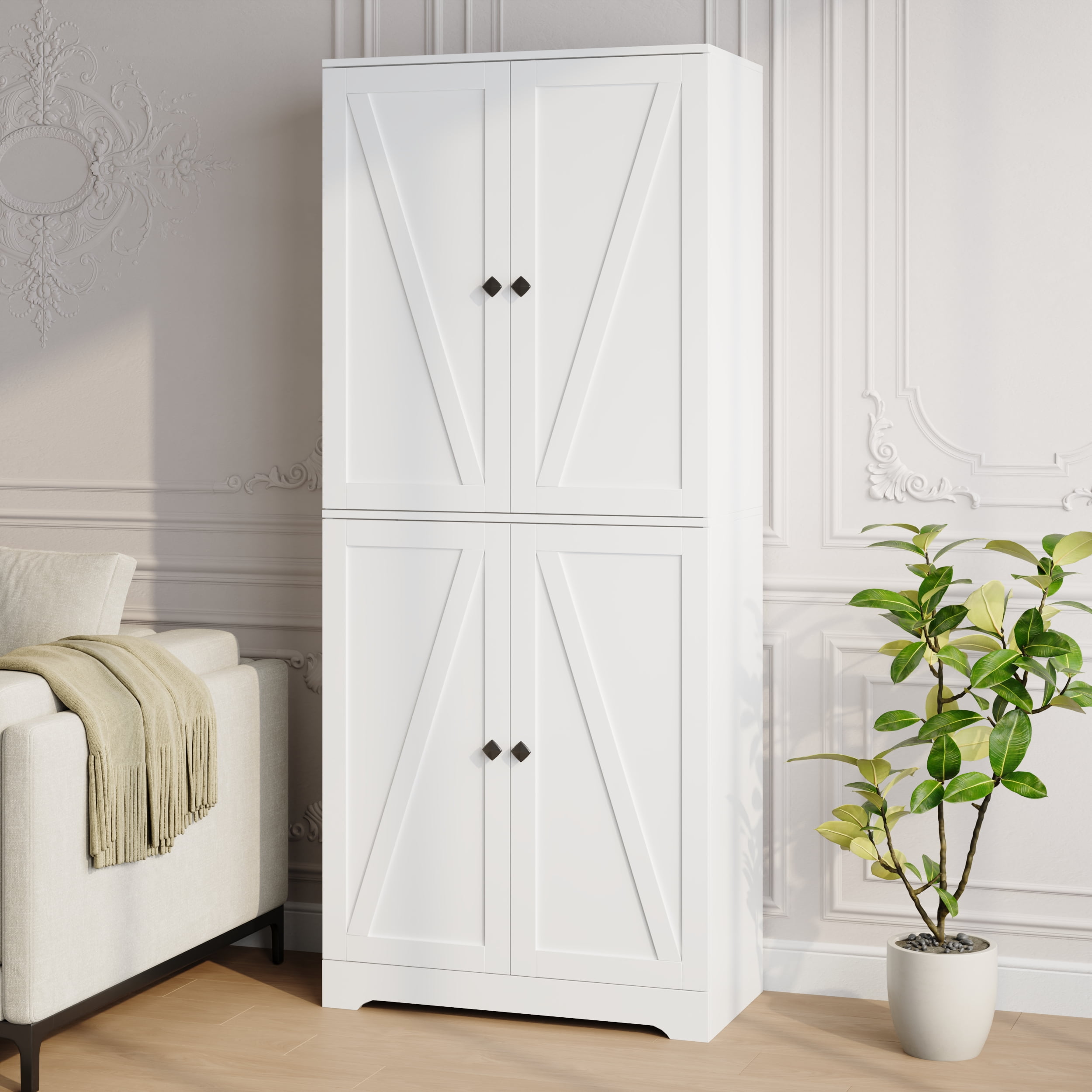 YouTrend 72'' Farmhouse Kitchen Pantry Cabinet with 4 Barn Doors,Storage Cabinet W/ 4 Shelves for Living Room,Kitchen,Bathroom,Office,White