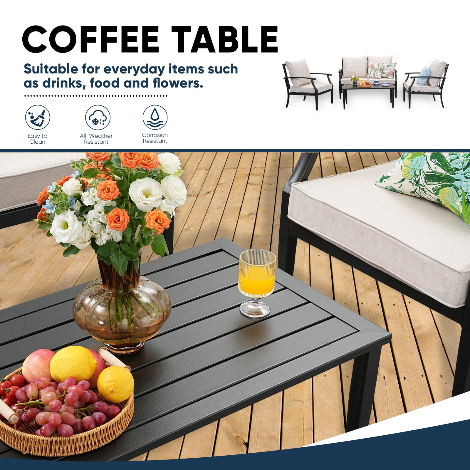 TerraRelax 4 Piece Outdoor Patio Furniture Set, Oversized Metal Conversation Set with High Back & Deep Seating, Water-Repellent Cushions, Coffee Table for Porch, Deck, Backyard, Beige