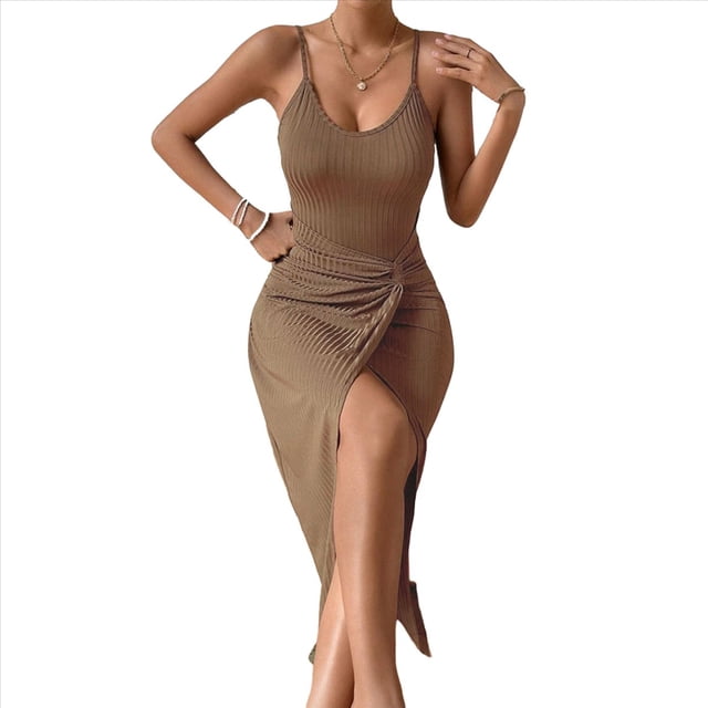 Vestido de Cóctel Ajustado para Mujer, Sin Mangas, con Tirantes Finos Ajustables, Abertura en la Cintura, Espalda Descubierta y Corte Midi Marrón M