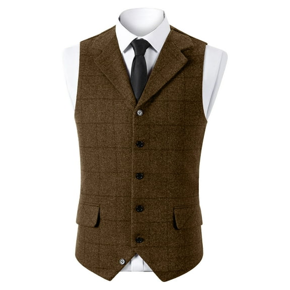 Miluxas Mens Suit Vest Waistcoat Tweed Retro V Neck Wool Herringbone for Prom Brown