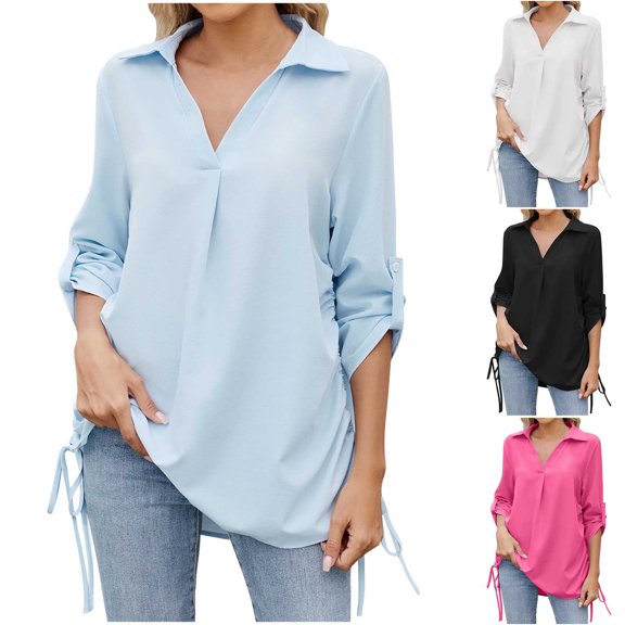Ashirexll Long Sleeve Shirts for Women, Ladies Tops and Blouses, Women Plus Size Collar V-Neck Blouse Casual Loose Long Sleeve Blouse Fall Tops