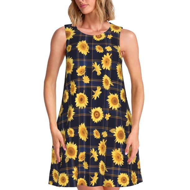 Balery Royal Blue Plaid Sunflower Vestidos de verano para mujer con estampado: vestido holgado sin mangas, vestido playero informal y cómodo para días calurosos.