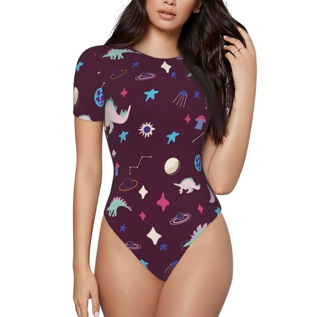 Balery Space Dinosaur Body de cuello redondo de manga corta para mujer Tops de manga corta Tops básicos-X-Large