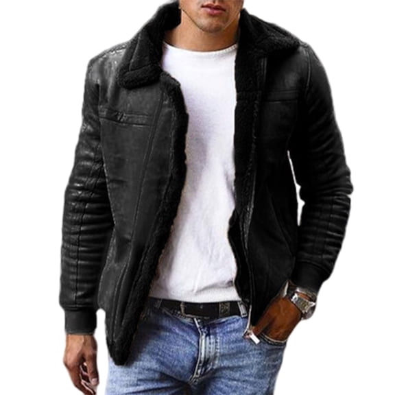 comerut Men Winter Coat Zipper Fleece Solid Color Thick Turn-down Collar Keep Warm Casual Plus Size Long Sleeves Retro Outdoor Coat for Motocycling