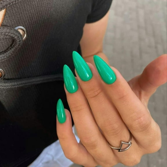 24PCS Green Press on Nails Almond Shaped Nails,Fake Nails Medium Long Stiletto Almond Press on Nail False Tips Acrylic Nails Glue on Nails Medium Length False Nails for Women and Girls New Green 0.04