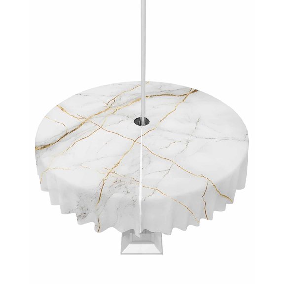 Hokiten Outdoor Tablecloths with Umbrella Hole & Zipper, Marble Round Tablecloths 60 Inch, Grey Golden Crack Minimalistic Abstract Waterproof Table Cloth, Patio/Pool/Picnic Table Covers