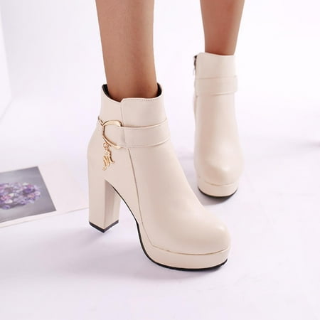 

ERTUTUYI Ladies Fashion Solid Color Leather Belt Buckle Side Zipper High Heel Short Boots Beige 40