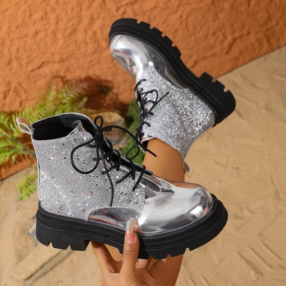 Wowcloth Women's Ankle Boots – Comfortable Winter Casual Design with Glossy Solid Color, Round Toe, Front Lace-Up and Chunky Low Heel for Everyday Wear