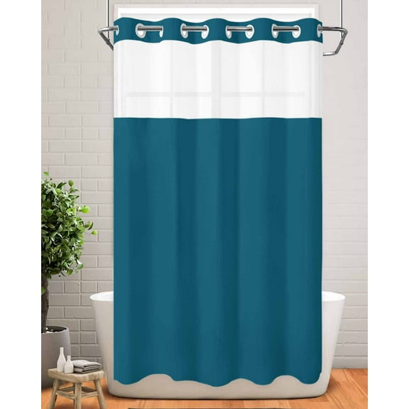 No Hook Shower Curtain with Snap in Liner,Dark Teal Waterproof Bath Curtain Double Layers with See Through Top Window,Solid Green Color Hotel Shower Curtains 36x72in