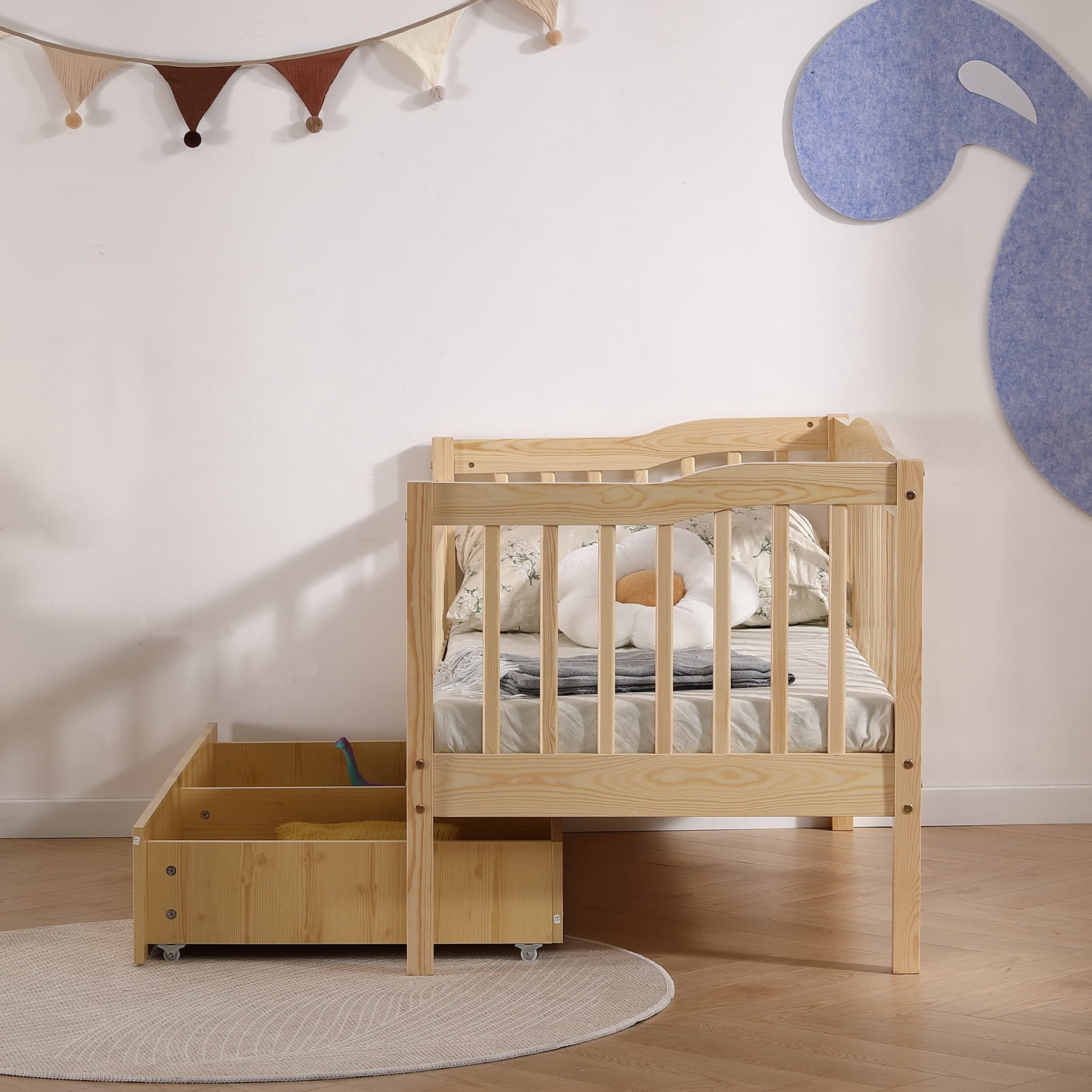Ktaxon Toddler Daybed with Storage Drawers, Wood Kids Platform Bed Frame with Rails, No Box Spring Needed, Easy Assembly - Natural Wood