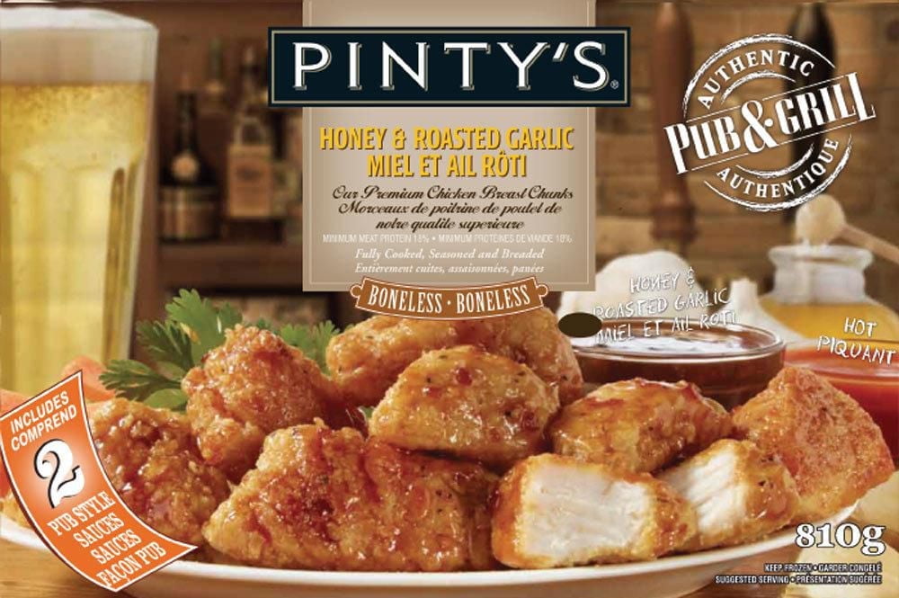 DISCONTINUED Pinty's Pub & Grill Boneless Honey & Roasted Garlic Chicken Wings, Honey and Garlic wings