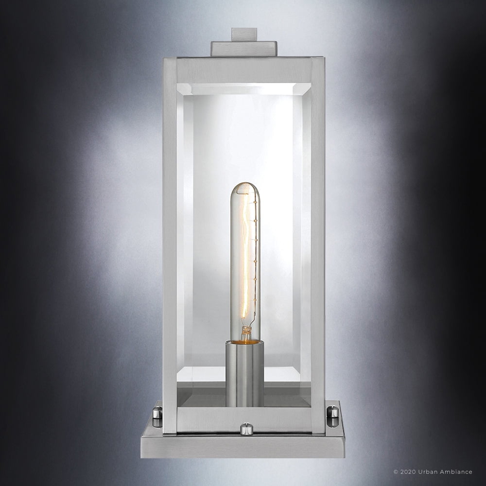 Luxury Modern Farmhouse Outdoor Post Light, 16.00''H x 7.50''W, with Industrial Style Elements, Minimalist Design, Stainless Steel Finish and Clear Beveled Glass, UQL1365
