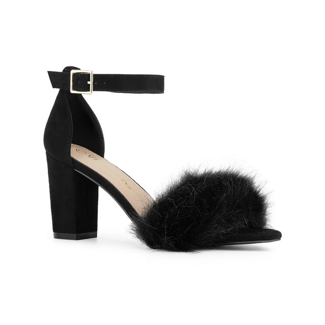 BLISSFUL STEP Women's Faux Fur Ankle Strap Block Heel Open Toe Sandals Black 8