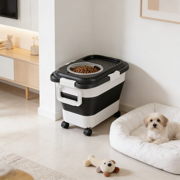 AURIGATE Collapsible Pet Food Storage Container with Wheels, Airtight Moisture-Proof Plastic Dog Cat Food Bin 11.62x17.71in for Dry Pet Food Storage