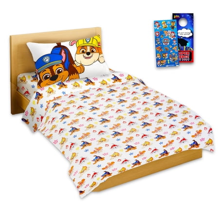 Paw Patrol Sheet Set Puppies Ready - Bundle of Paw Patrol Bedding Including: Flat Sheet, Fitted Sheet, and Pillowcase for Twin Bed Plus Stickers, More for Kids
